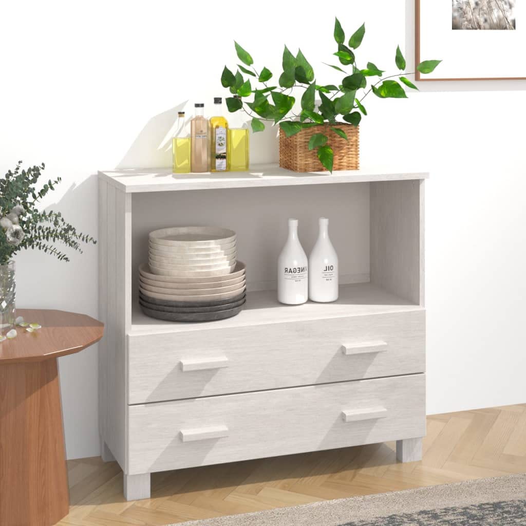 vidaXL Solid Pinewood Sideboard HAMAR- White 33.5&quot;x13.8&quot;x31.5&quot;- Decorative and Practical Storage Solution- Elegant Design with Sturdy Tabletop, Ample Space with Compartments and Drawers