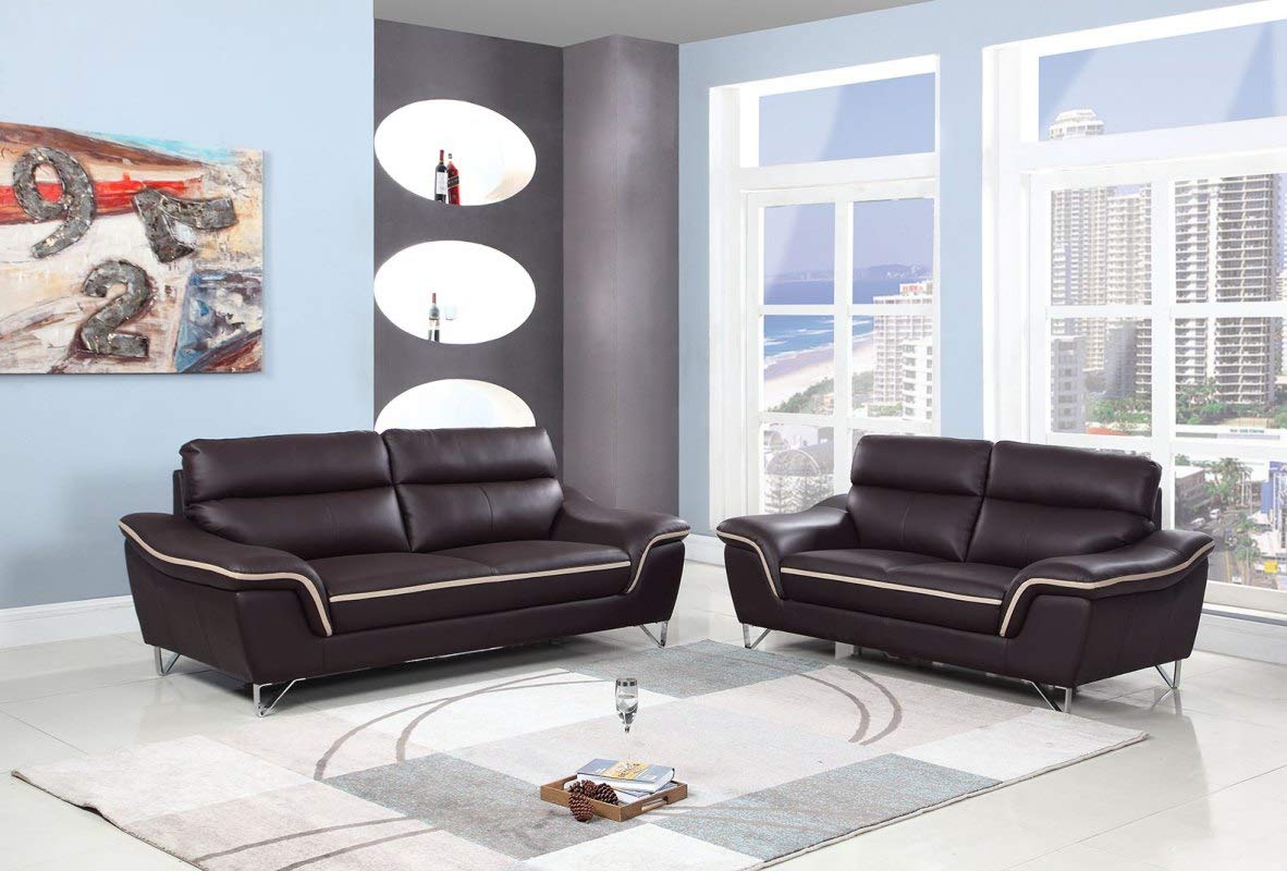 HomeRoots 69'' X 36' X 40'' Modern Brown Leather Sofa and Loveseat