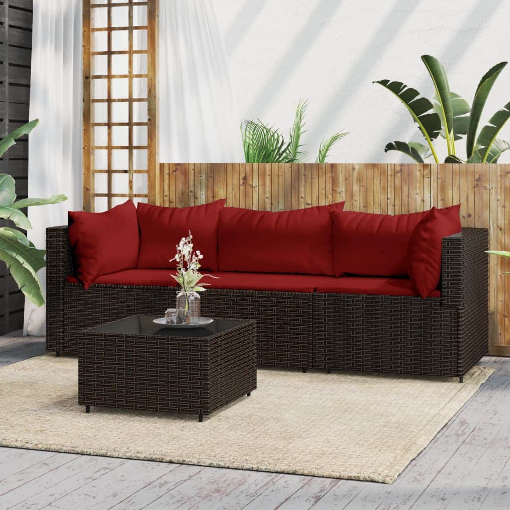 vidaXL 4 Piece Patio Lounge Set, Brown Poly Rattan, Powder-Coated Steel Frame, Ideal for Outdoor use, Quick Assembly, Adjustable feet, Cushions Included