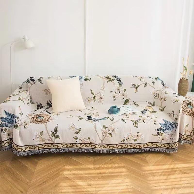 Vclife Boho Beige Floral Birds Couch Cover Soft Thick Cotton Linen Farmhouse Sofa Cover For 3 Cushion Couch Sofa, Breathable Non