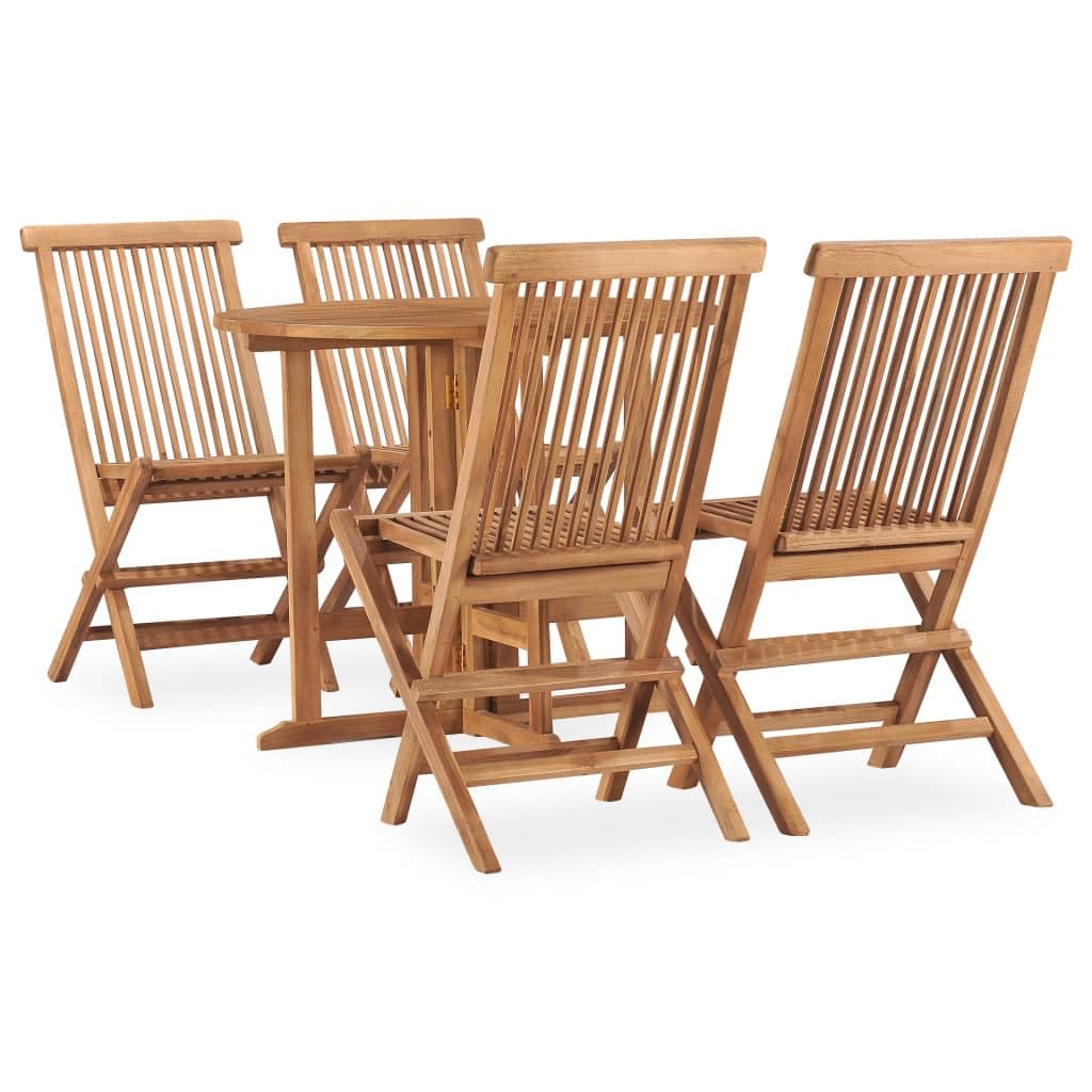 vidaXL Solid Teak Wood Patio Dining Set - 5-Piece Folding Garden Furniture Set, Round Table & Chairs, Weather-Resistant, Brown