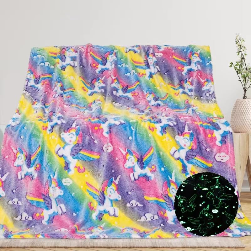 Glow in The Dark Unicorn Blanket 50x60 inch Rainbow Blanket Gifts for Girls Soft Pink Throw Blanket for Bed 3 4 5 6 7 8 9 10 Yea