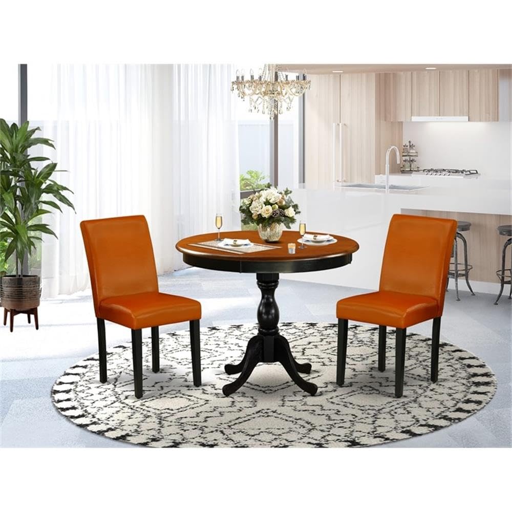 East West Furniture Amab3-Bch-61 3 Piece Modern Dining Table Set Contains A Round Kitchen Table With Pedestal And 2 Baked Bean Faux Leather Parson Dining Chairs, 36X36 Inch, Black & Cherry