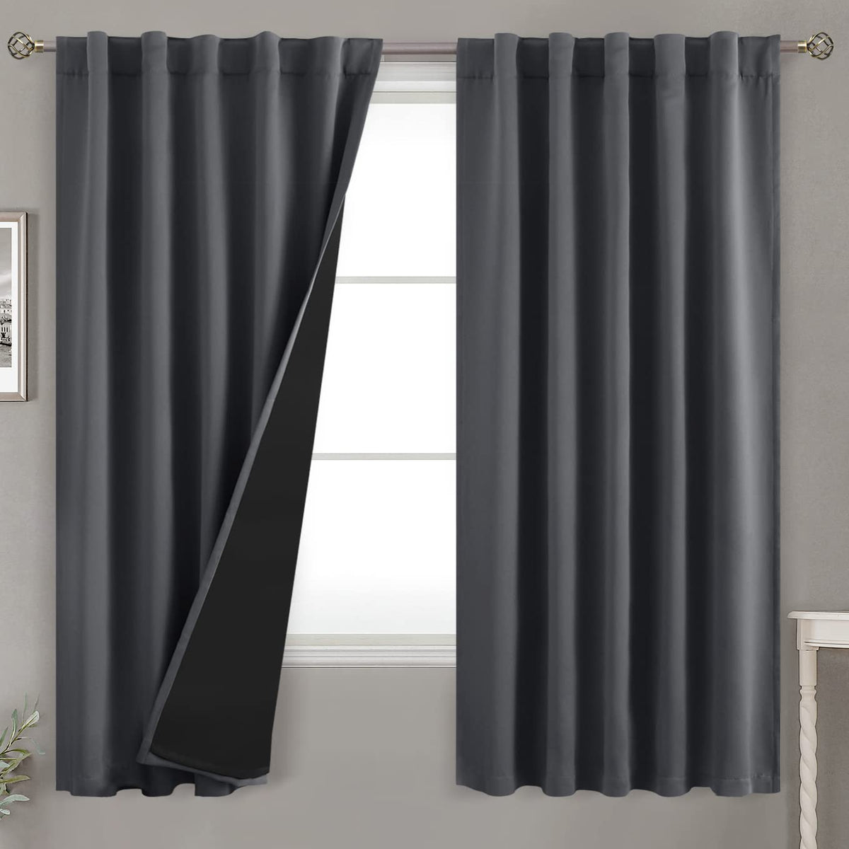 Bgment 100% Grey Blackout Curtains 63 Inches Long For Bedroom, Double Layer Room Darkening Thermal Insulated Curtains With Liner