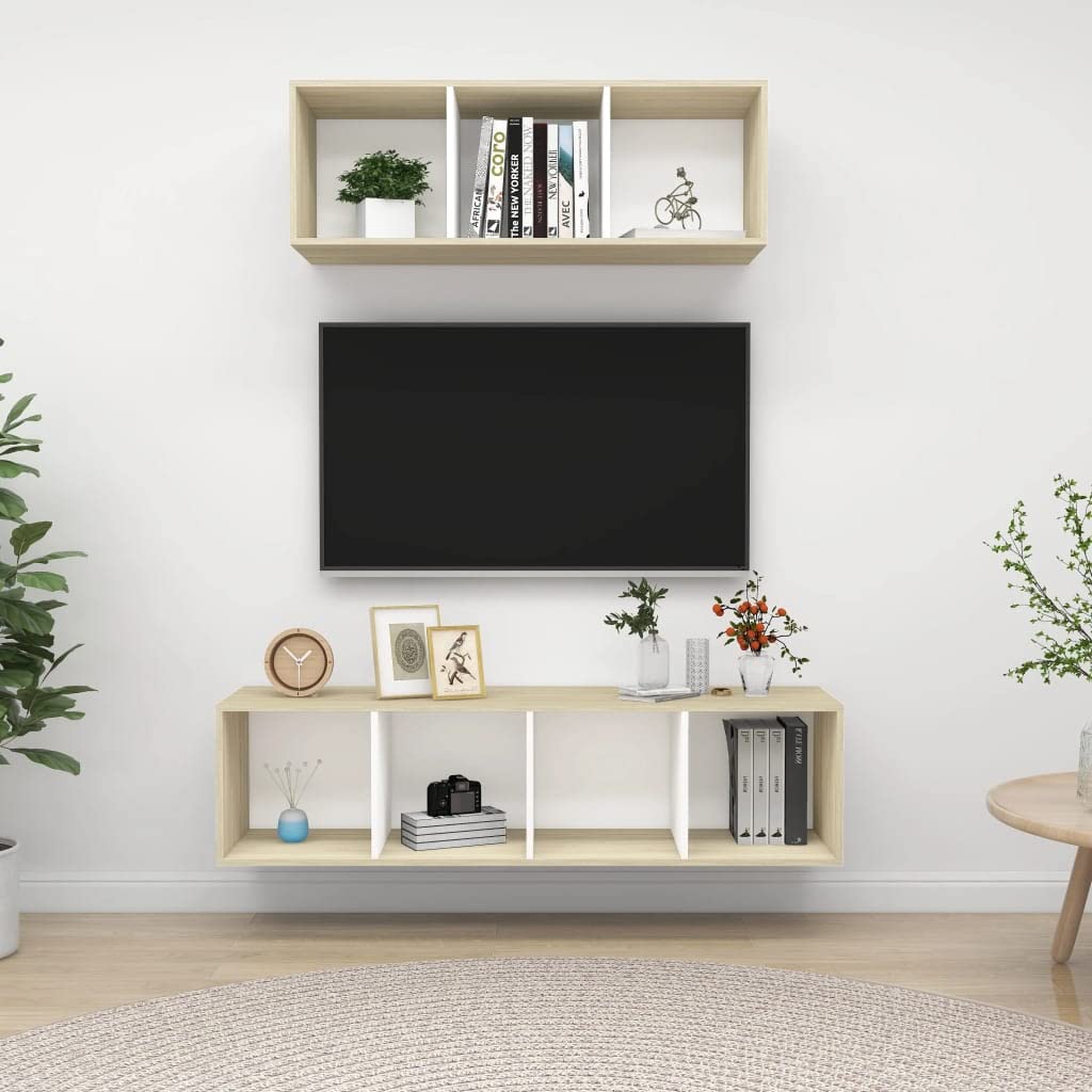 vidaXL 2-Piece Wall TV Cabinet Set | White and Sonoma Oak Engineered Wood | Ample Storage Space | Easy to Clean | California Prop 65 Warning