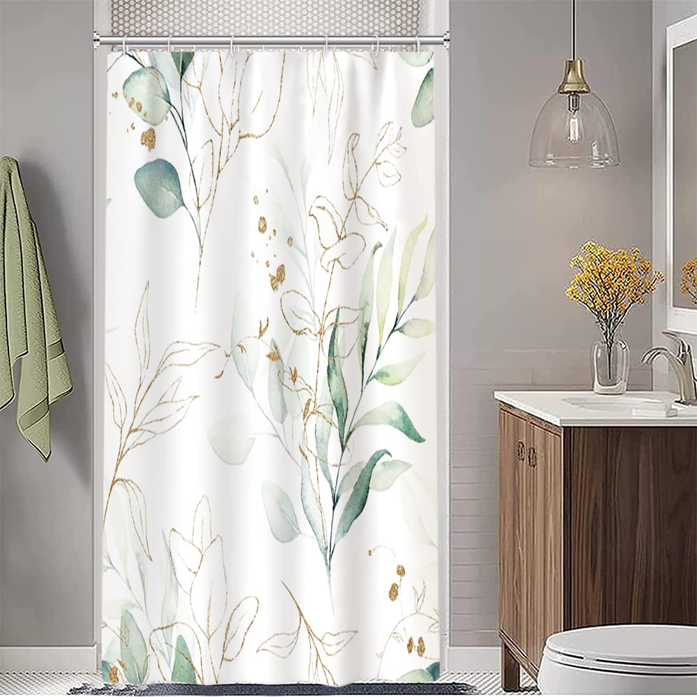 Ruelvth Stall Shower Curtain, Sage Green and Gold Eucalyptus Small Shower Curtain Set Waterproof Fabric Half Narrow Bathroom Dec