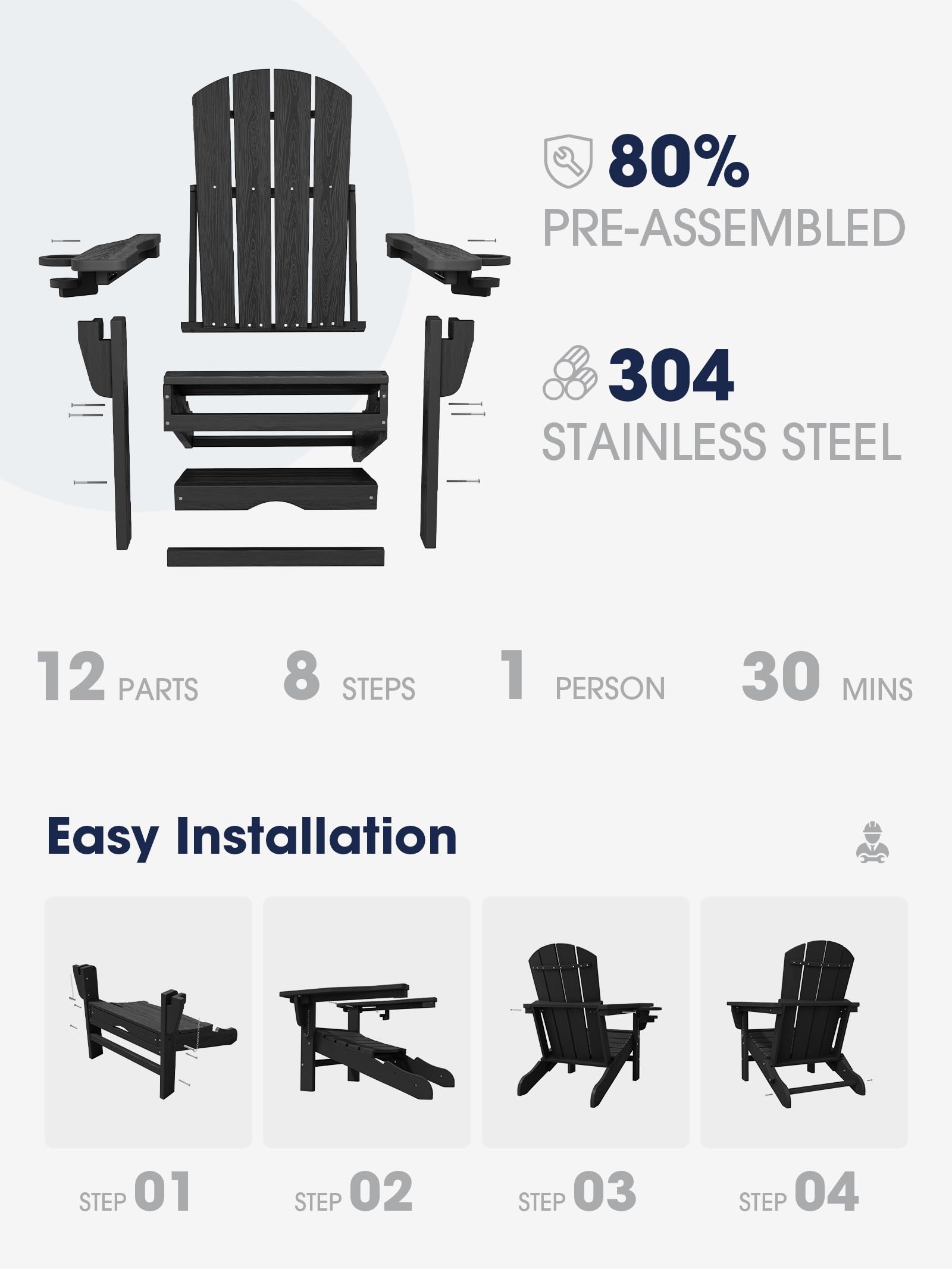 Kingyes Folding Adjustable Adirondack Chair With Retractable Ottoman Set Of 6, Hdpe All Weather Chair With Cup Holder - Versatile Adirondack Chair, Black