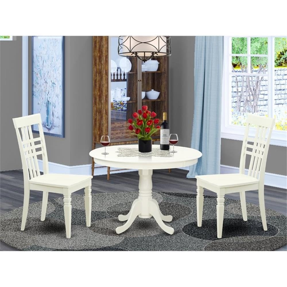 East West Furniture HLLG3-LWH-W 3 Piece Kitchen Table & Chairs Set Contains a Round Dining Room Table with Pedestal and 2 Solid Wood Seat Chairs, 42x42 Inch, Linen White
