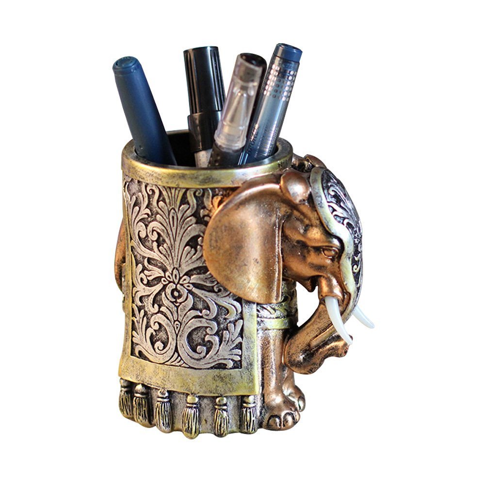 Ornerx Resin Pencil Holder 4.5' Desk Organizer Vintage Lucky Elephant Head
