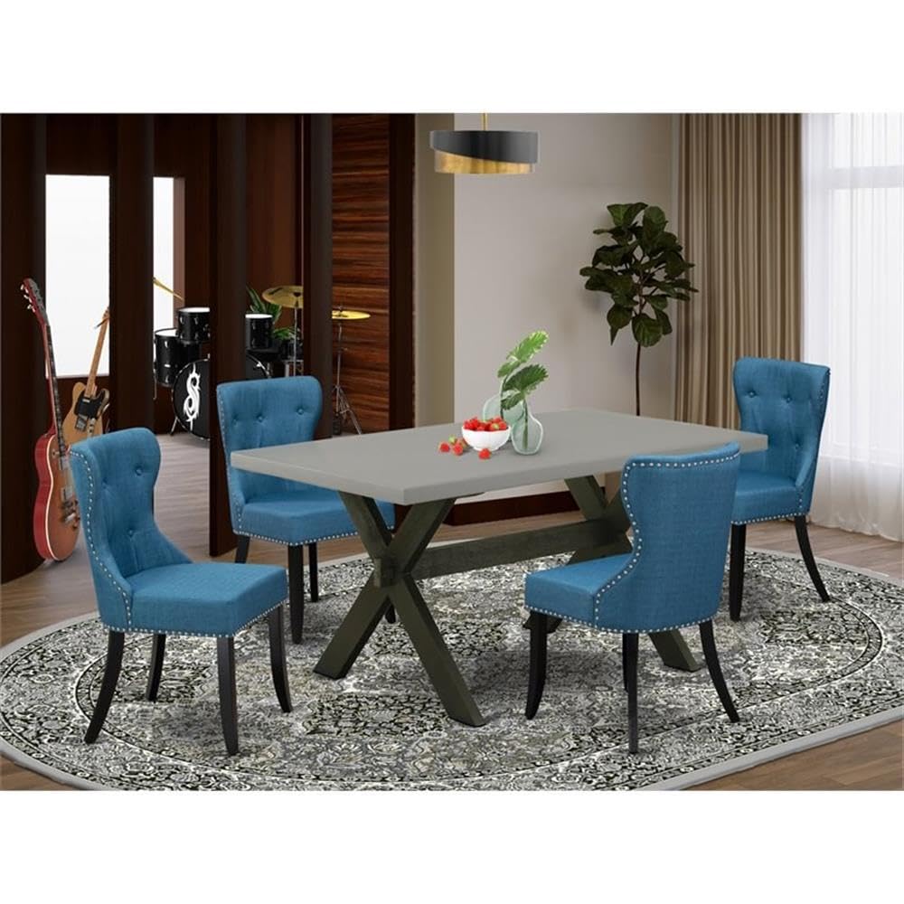 East West Furniture X696Si121-5 5 Piece Dining Room Furniture Set Includes A Rectangle Dining Table With X-Legs And 4 Blue Linen Fabric Upholstered Chairs, 36X60 Inch, Multi-Color