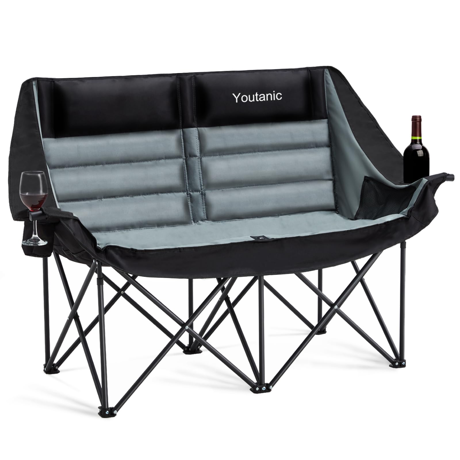 Youtanic Oversized Camping Chair, Double Folding Loveseat Camping Couch with Pocket, Cup Holder and Carry Bag, Heavy Duty Portab