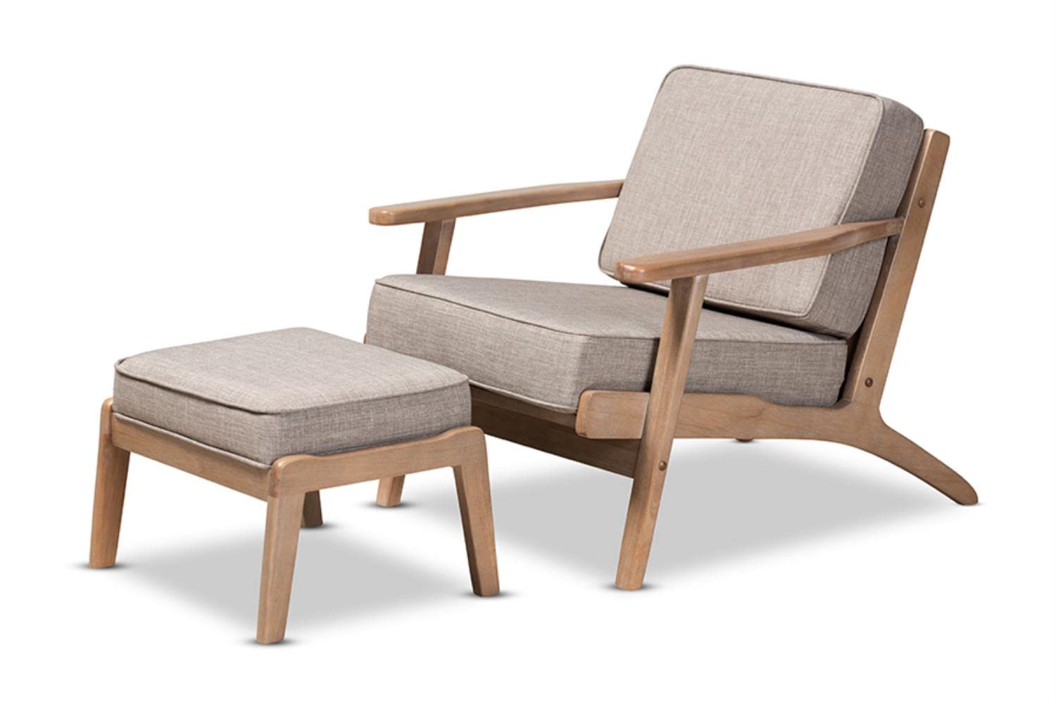 Baxton Studio Sigrid Mid-Century Modern Light Grey Fabric Upholstered Antique Oak Finished 2-Piece Wood Armchair and Ottoman Set