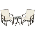 Outsunny 3 Piece Outdoor Glider Chair With Coffee Table Bistro Set, 2 Patio Rocking Swing Chairs With Breathable Sling Fabric, Glass Tabletop, For Backyard, Garden And Porch, Cream White
