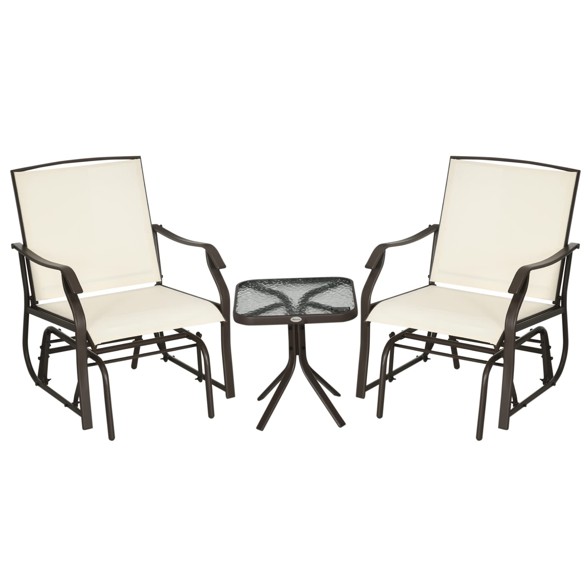 Outsunny 3 Piece Outdoor Glider Chair With Coffee Table Bistro Set, 2 Patio Rocking Swing Chairs With Breathable Sling Fabric, Glass Tabletop, For Backyard, Garden And Porch, Cream White