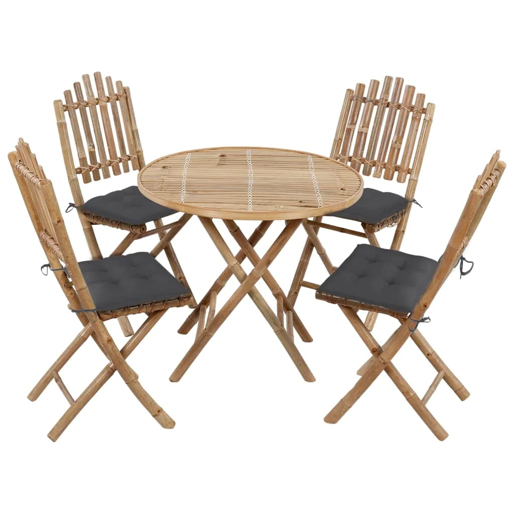 vidaXL Folding Patio Dining Set with Cushions 5 Piece Garden Terrace Balcony Backyard Dinner Dinette Table Chair Furniture Set Bamboo