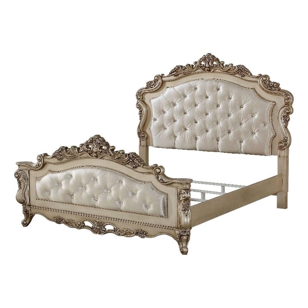 Acme Gorsedd Tufted Queen Panel Bed in Cream Fabric and Golden Ivory