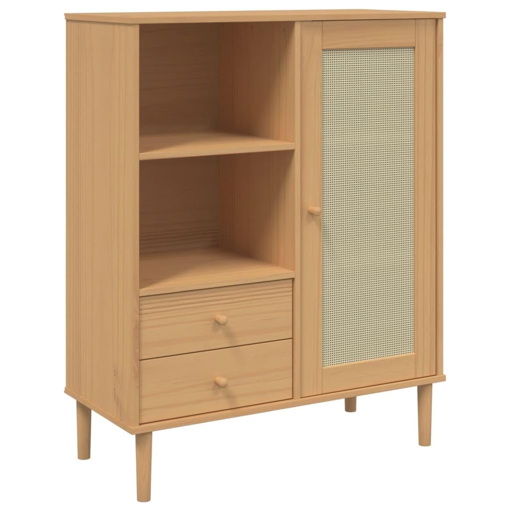 vidaXL Solid Wood Pine SENJA Highboard - Storage Cabinet with Drawers and Compartments - Brown Rattan Look - 35.4&quot;x15.7&quot;x44.1&quot;