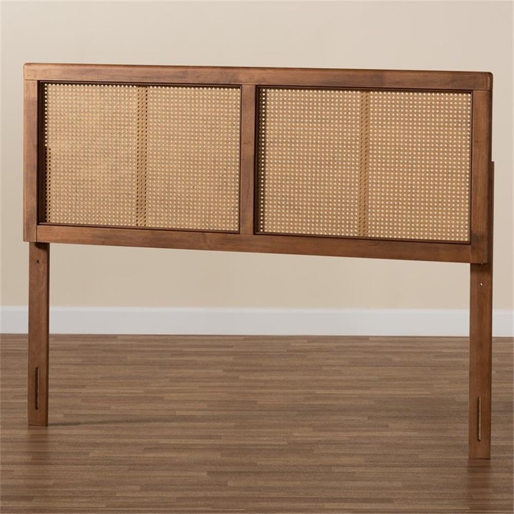 Baxton Studio Gilbert Mid-Century Modern Ash Walnut Finished Wood and Synthetic Rattan King Size Headboard