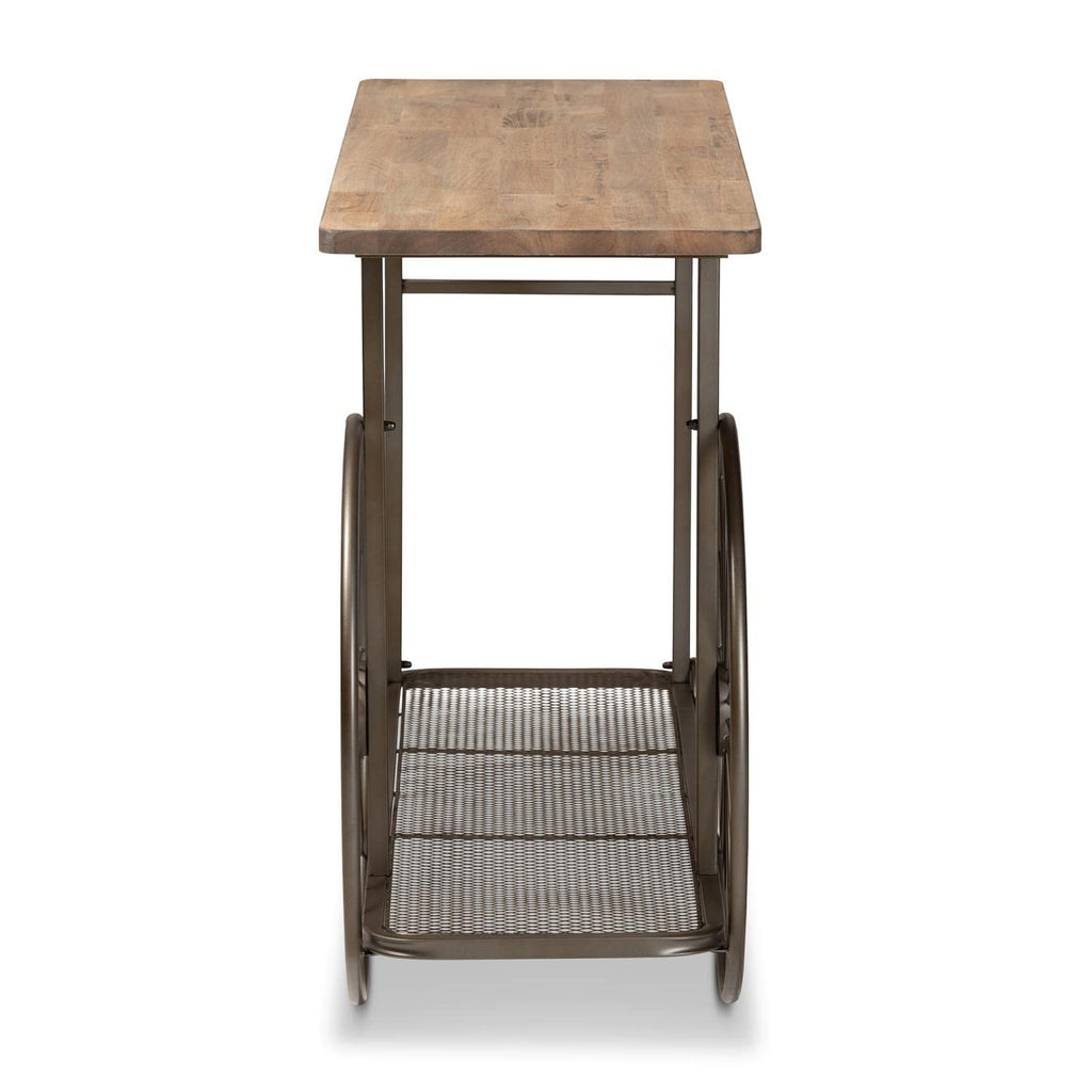 Baxton Studio Terence Vintage Rustic Industrial Natural Finished Wood and Black Finished Metal Wheeled Console Table