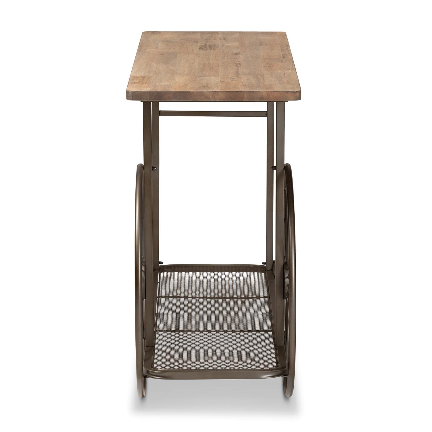Baxton Studio Terence Vintage Rustic Industrial Natural Finished Wood and Black Finished Metal Wheeled Console Table