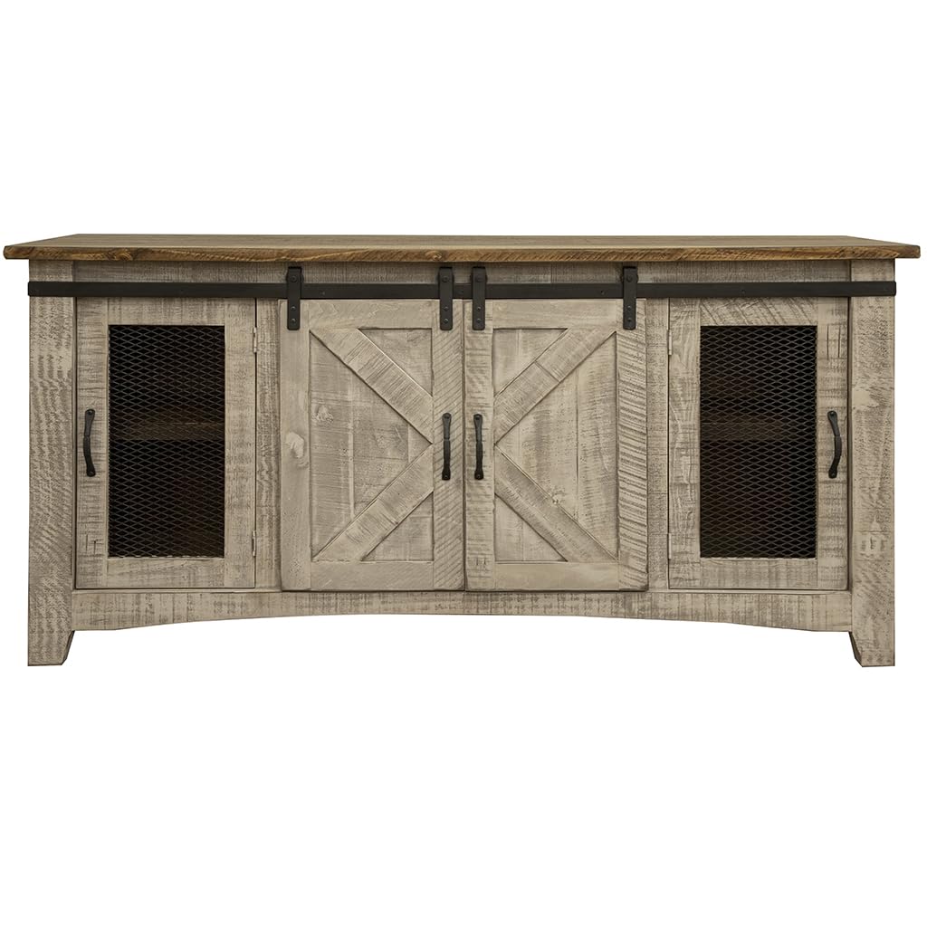 HomeRoots 528702 70 in. Grey Solid Wood Cabinet Enclosed Storage Distressed TV Stand, Onesize