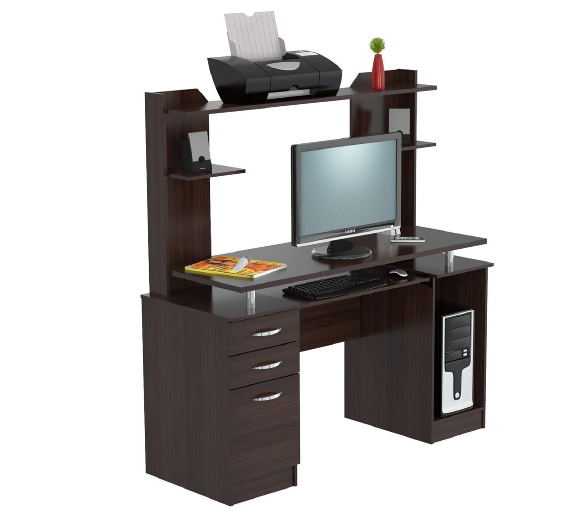 Inval America, 53.5' H x 48.62' W x 19.5' D, Espresso Work Center with Hutch, Pull-Out Keyboard Tray, Drawers, Desk Workstation