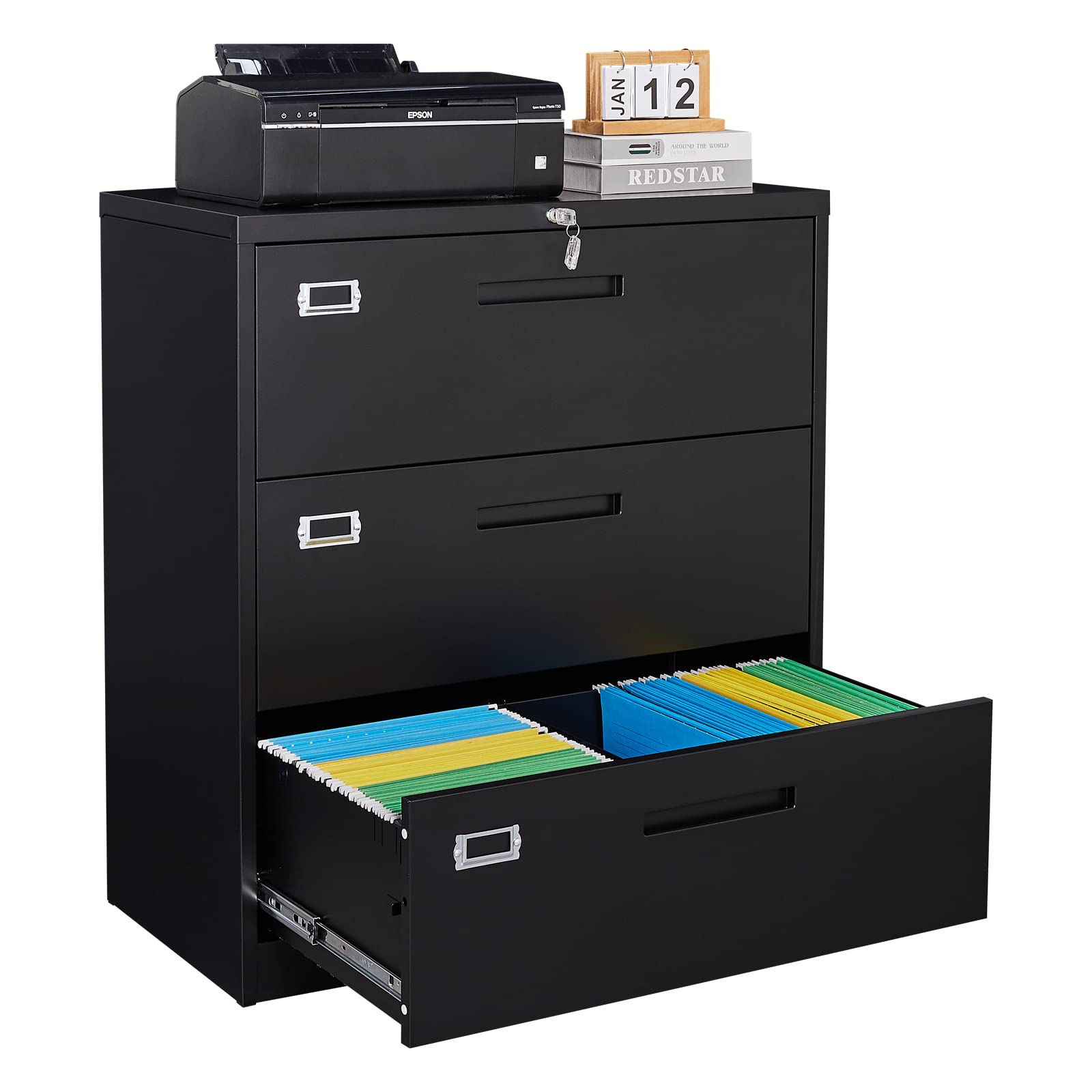 SISESOL 3 Drawer Lateral File Cabinet with Lock,Black Lateral Filing Cabinet,Horizontal Metal Filing Cabinet,Locked Wide Three D