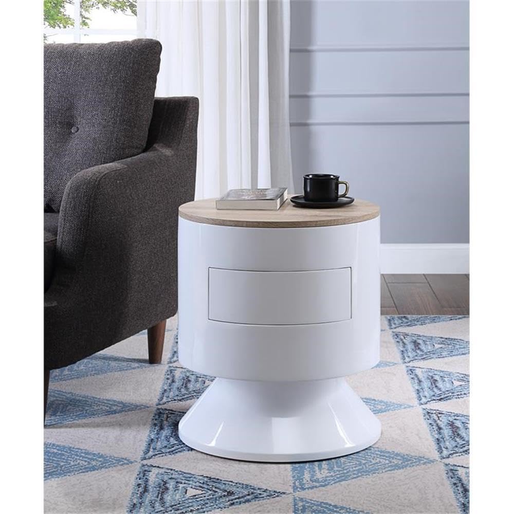 Acme Otith Round Wooden Accent Table with Drawer in White High Gloss and Natural