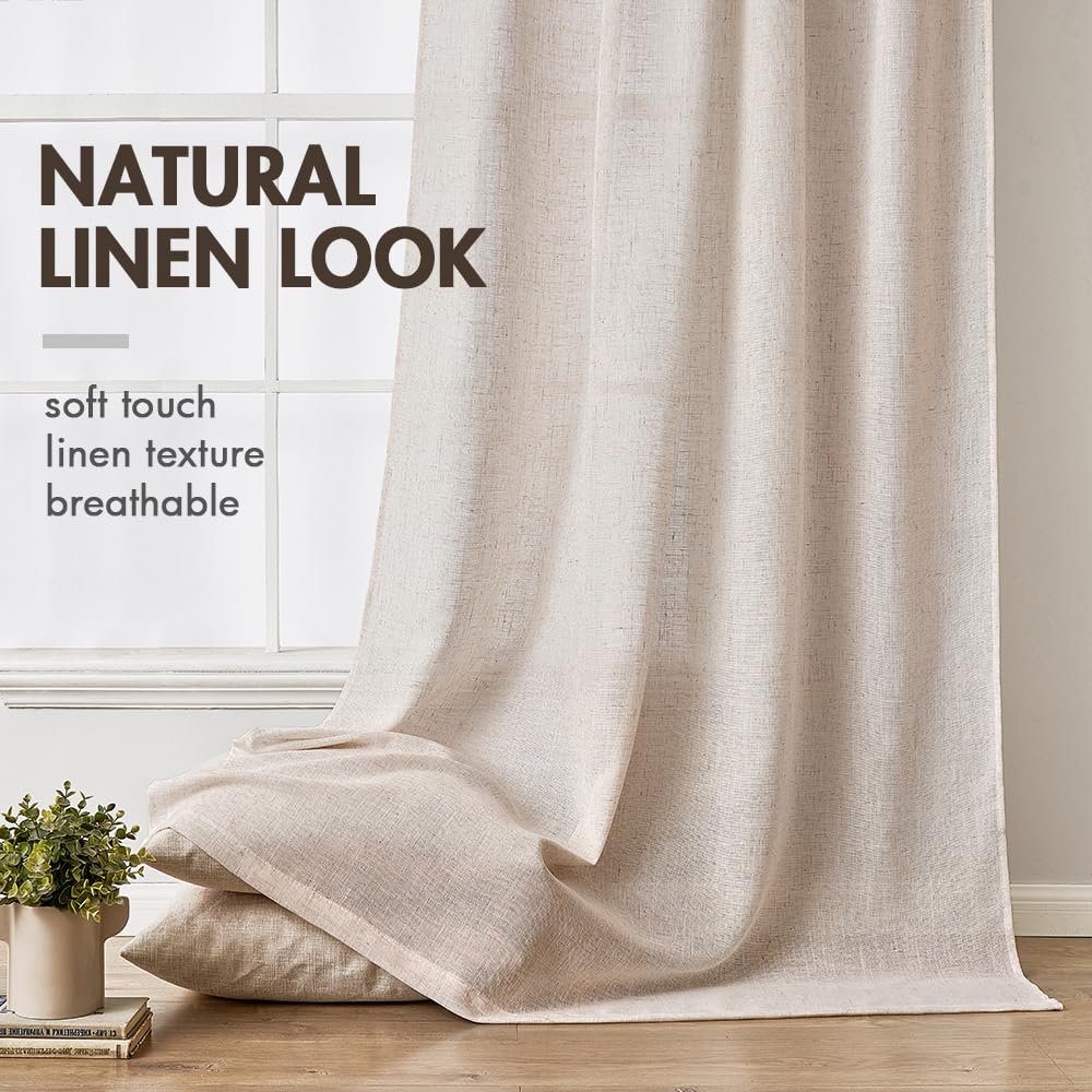 Miulee Natural Linen Curtains 90 Inches Long 2 Panels, Back Tab & Pleated Tape Soft Thick Linen Textured Window Drapes With Hooks Bedroom Living Room Semi Sheer Light Filtering Neutral Cream Ivory