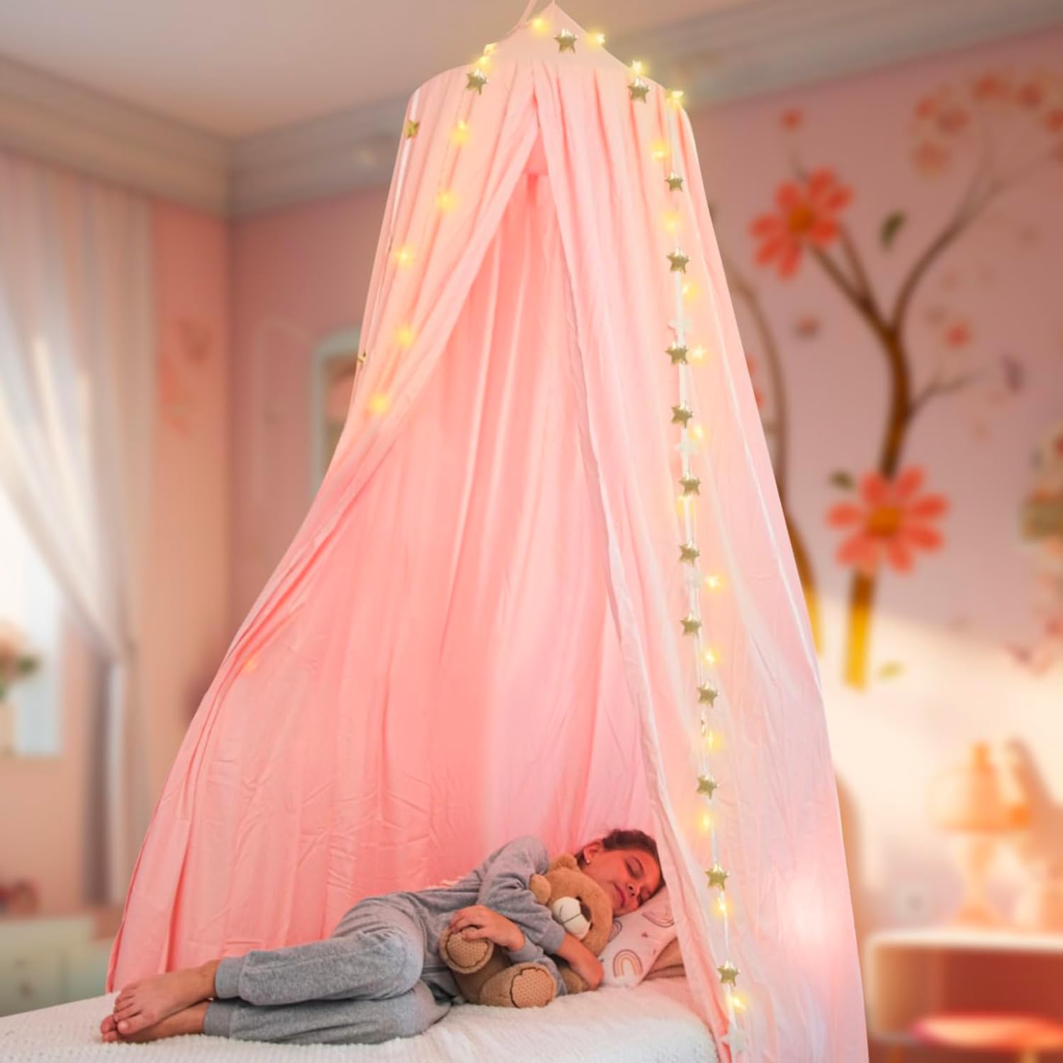 Bollepo Bed Canopy With Lights, Pink Canopy Bed For Girls Room, Princess Bed Canopy Bed | Single, Twin, Full, Queen | Bed Canopy