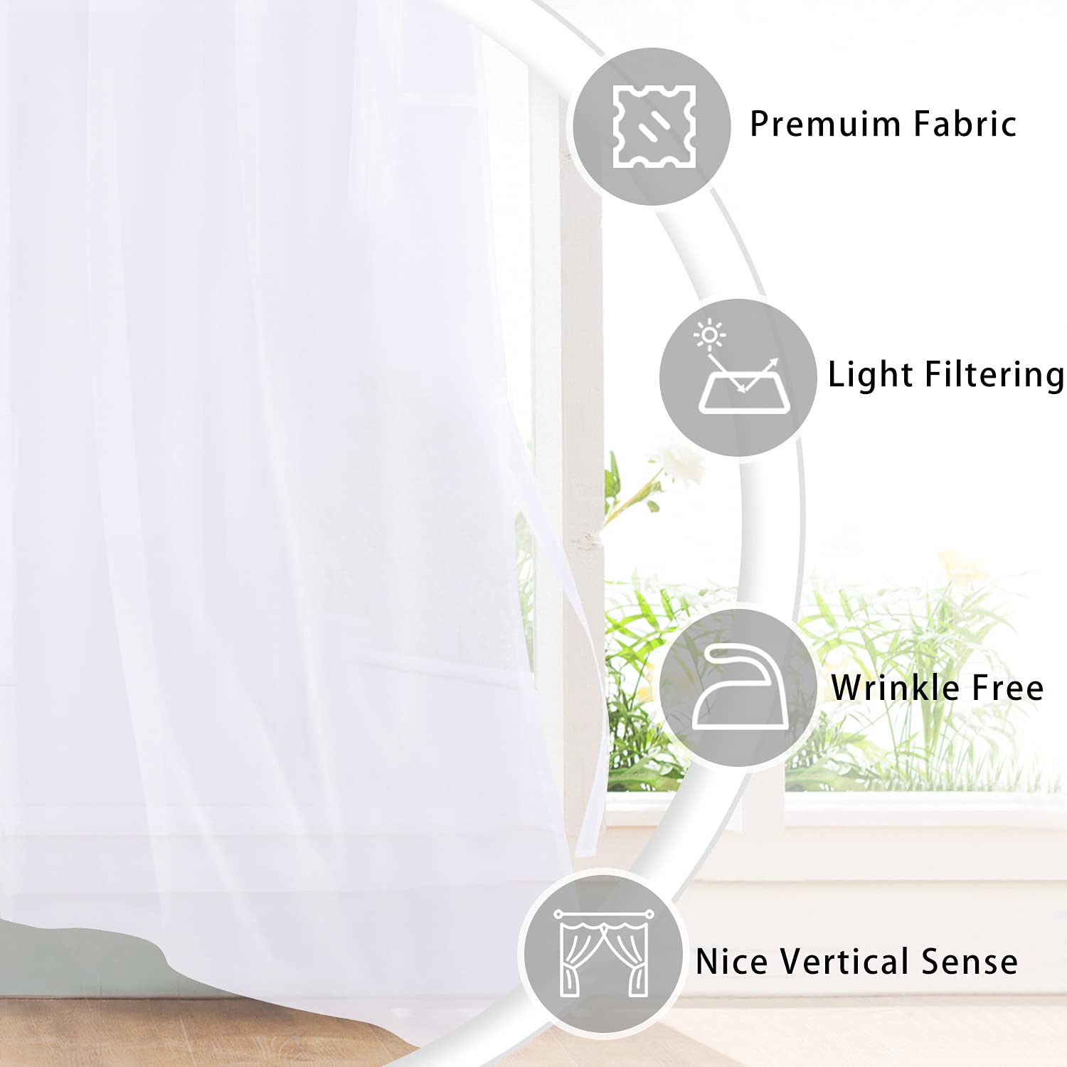 Hiasan White Sheer Curtains 54 Inch Length With Tiebacks, Grommet Light Filtering Semi Transparent Voile Drapes Grommet Window Curtains For Living Room, Bedroom, W52 X L54, Set Of 2 Panels