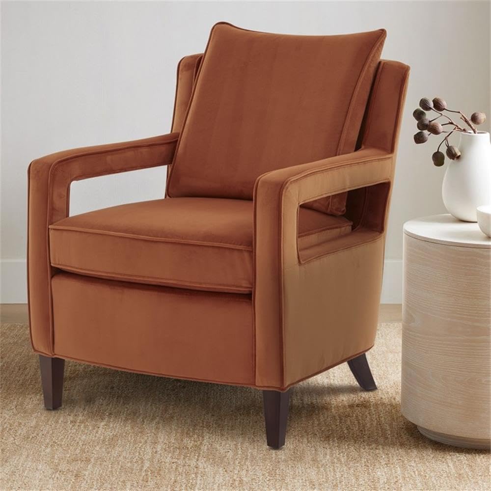 Comfort Pointe Questa Burnt Orange Velvet Accent Arm Chair with Open Arms and Brown Legs