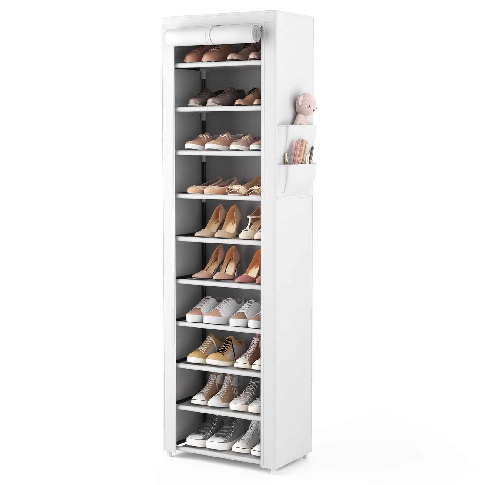 Vtrin Vertical Narrow Shoe Rack Organizer Tall Shoe Rack For Closet Entryway 10 Tier Non-Woven Cover Shoe Shelf Holds 20-22 Pairs Free Standing Shoe Storage Cabinet With Dustproof Cover, White