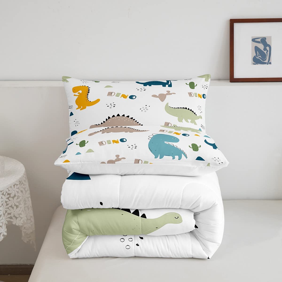 Feelyou Cute Dinosaur Comforter Set Cartoon Cactus Bedding Set Decor Jungle Dino Boho Succulent Comforter Wild Animal Pattern Ye