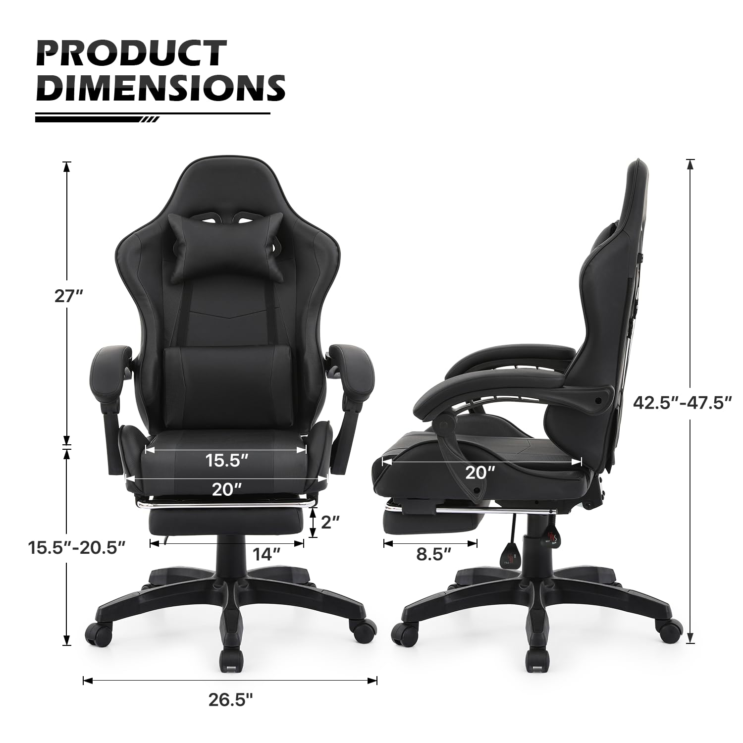 Monibloom Computer Gaming Chair With Footrest And Lumbar Support, Adjustable Hight Ergonomic Racing Chair For Adult Teen Office Or Gaming, Carbon Fiber Leather High Back Video Game Chair, Black