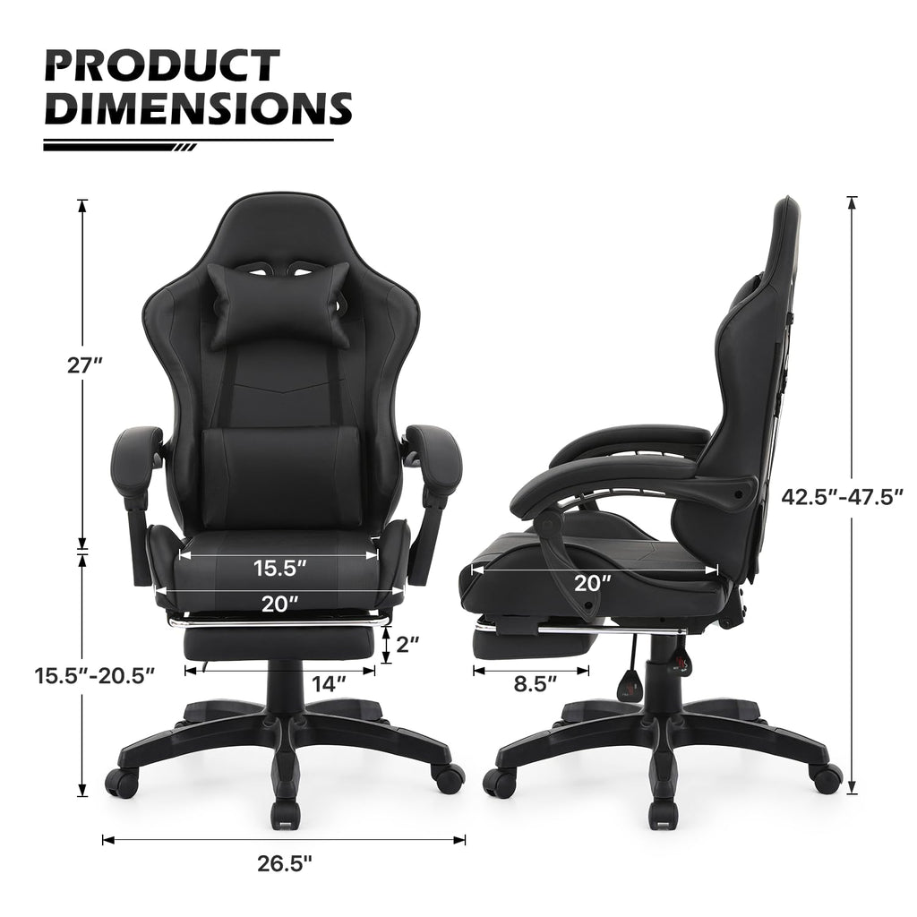 Monibloom Computer Gaming Chair With Footrest And Lumbar Support, Adjustable Hight Ergonomic Racing Chair For Adult Teen Office Or Gaming, Carbon Fiber Leather High Back Video Game Chair, Black