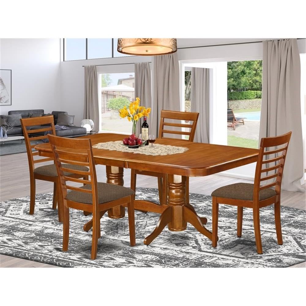 East West Furniture NAML5-SBR-C 5 Piece Dining Room Table Set Includes a Rectangle Kitchen Table with Butterfly Leaf and 4 Linen Fabric Upholstered Dining Chairs, 40x78 Inch, Saddle Brown