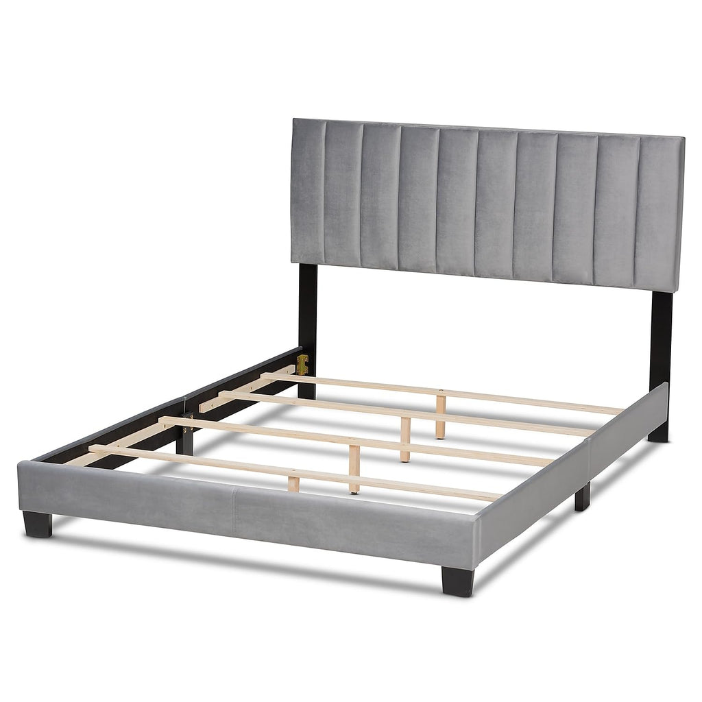 Baxton Studio Clare Queen Size Gray Velvet Panel Bed with Tufted Headboard