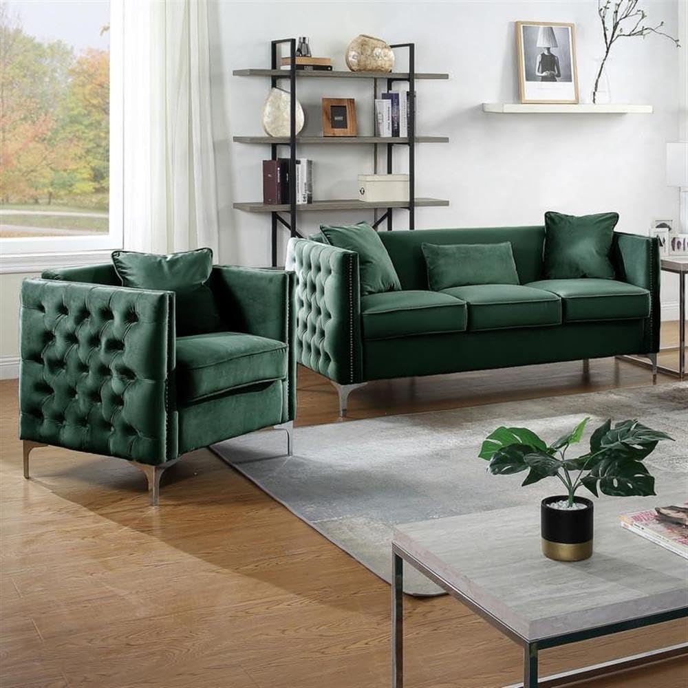 Lilola Home Bayberry Green Velvet Sofa Loveseat Living Room Set