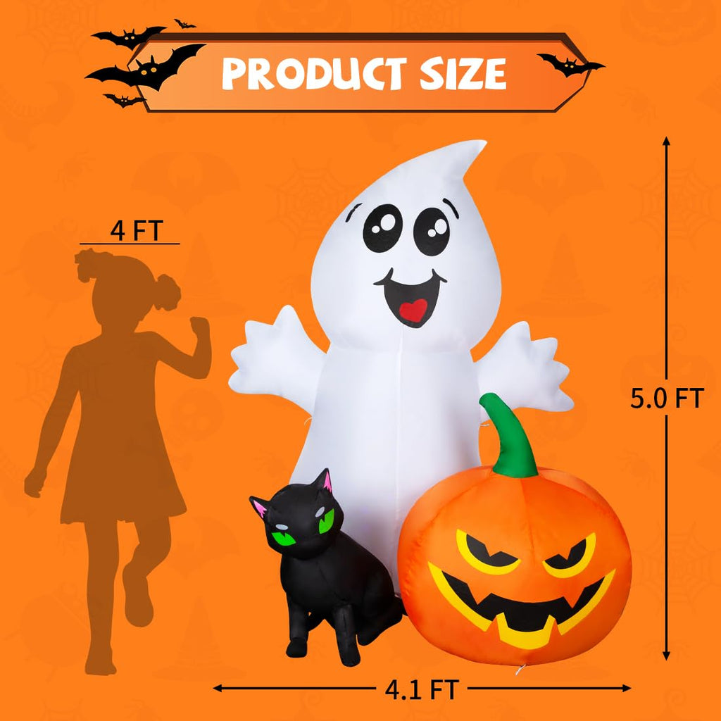 Comin Halloween Inflatable 5Ft Ghost With Black Cat And Pumpkin, Built-In Leds Blow Up Yard Decoration For Party Outdoor Yard Ga