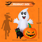 Comin Halloween Inflatable 5Ft Ghost With Black Cat And Pumpkin, Built-In Leds Blow Up Yard Decoration For Party Outdoor Yard Ga
