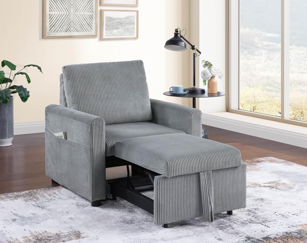 Lilola Home Oswin 32.5' W Gray Corduroy Armchair with Pull-Out Chaise and Side Pocket