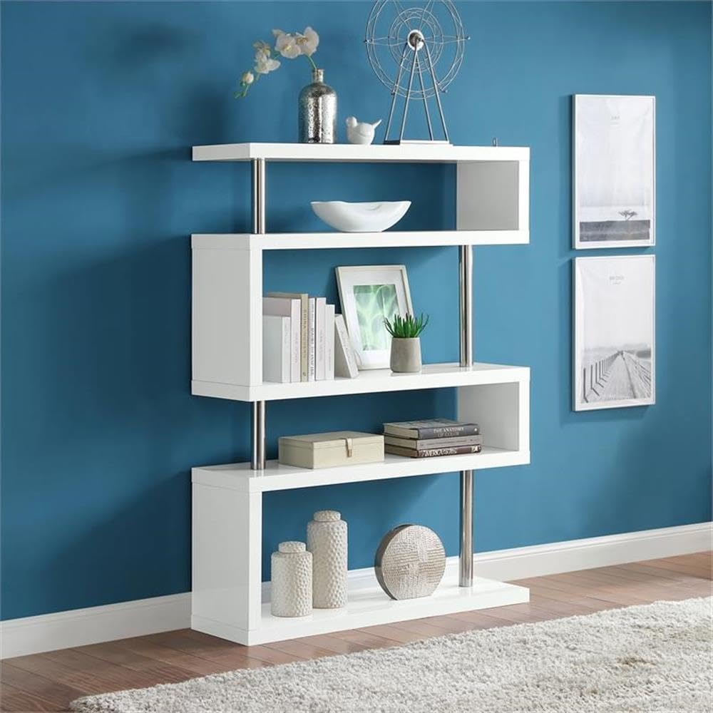 Acme Buck II Wooden Bookcase with Steel Support Pillar in White High Gloss