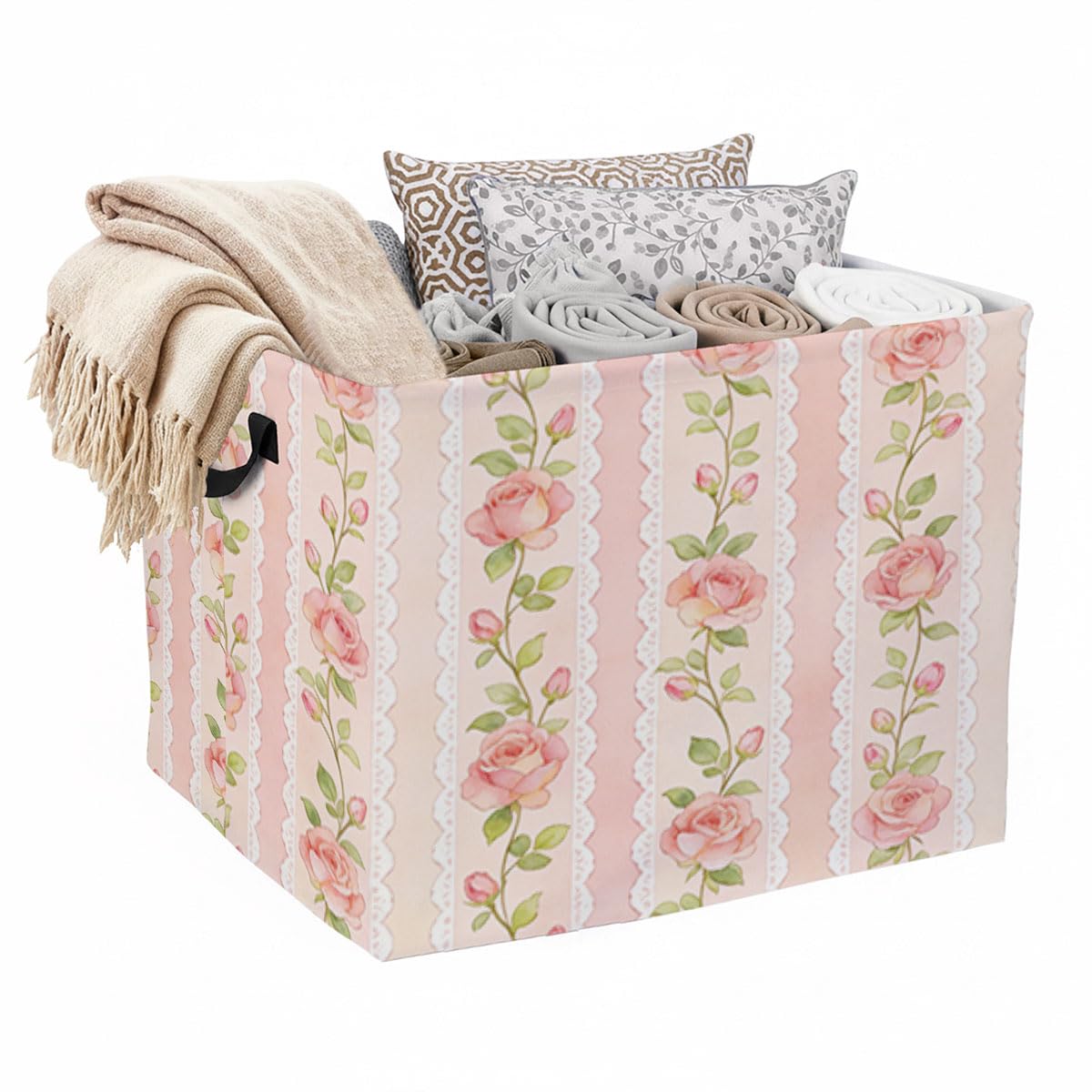 56L Pink Flowers Foldable Square Laundry Hamper with Handles  Large Clothes, Blanket & Toy Storage Basket for Home Organization