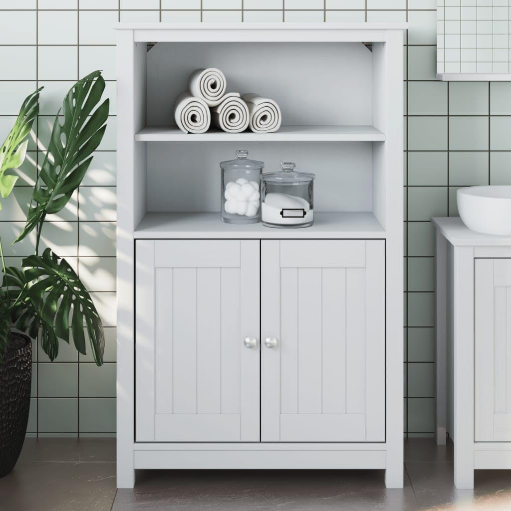 vidaXL Berg White Bathroom Cabinet - Spacious Storage with 4 Shelves and 2 Doors, Smooth UV-Painted Finish, Strong Solid Pine Wood Construction