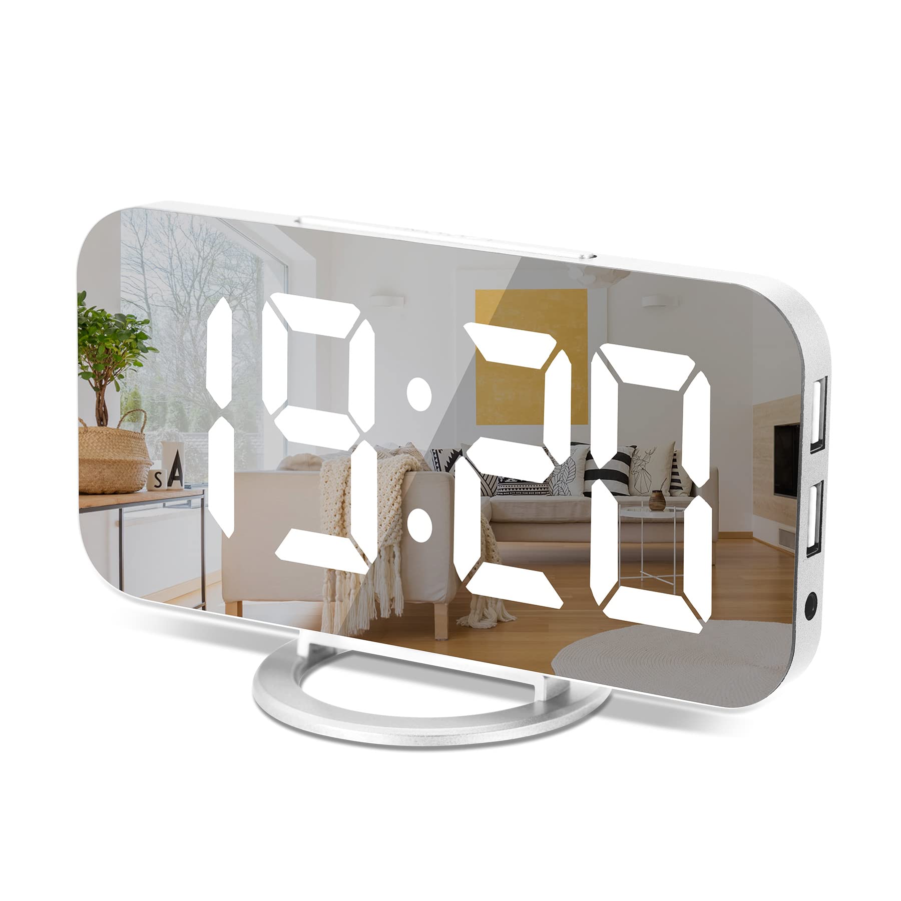 Digital Alarm Clock,6 Large LED Display with Dual USB Charger Ports | Auto Dimmer Mode | Easy Snooze Function, Modern Mirror Des