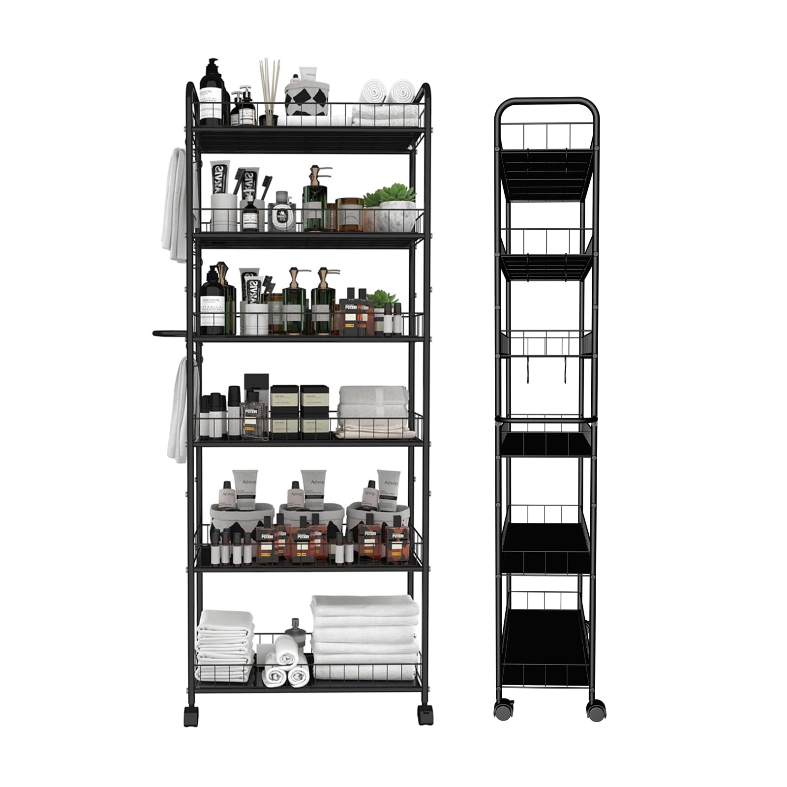 6 Tier 10In Slim Rolling Storage Cart With Handle, Mobile Shelving Unit With Wheels, Metal Wire Storage Rack With Baskets For Ki