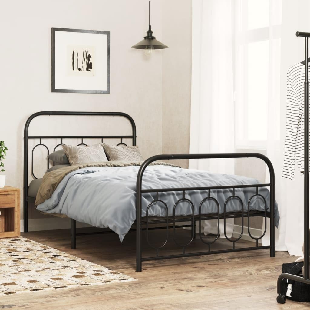 vidaXL Metal Bed Frame with Headboard and Footboard, Black Steel, Single, 81.5&quot; x 41.3&quot; x 39.4&quot;, Sturdy Design with Extra Underbed Storage