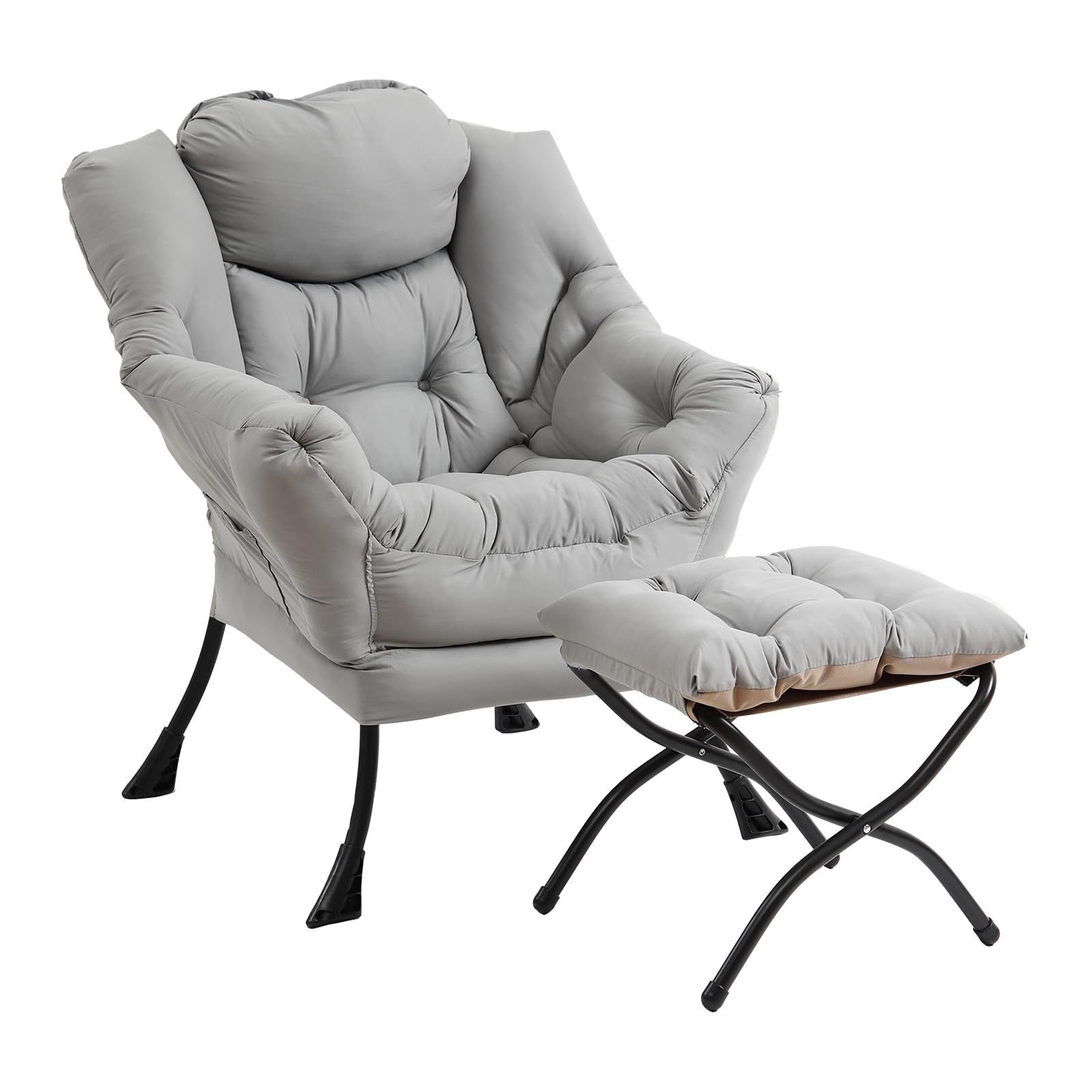 Furlide Lazy Chair With Ottoman, Modern Chair With Folding Footrest, Lounge Accent Chair, Comfortable Reading Chair (Light Grey)