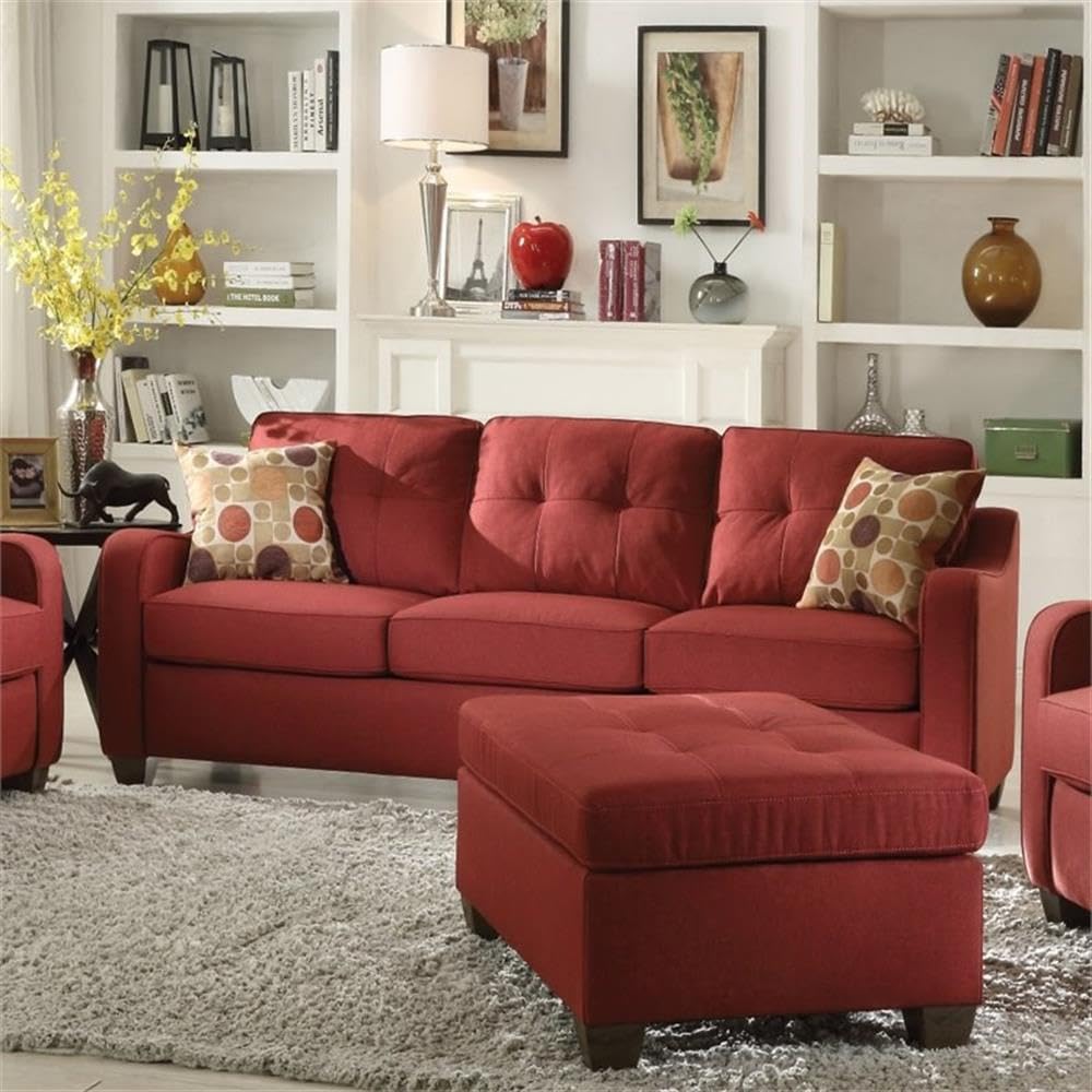 Acme Cleavon Ii Linen Fabric Tufted Sofa In Red